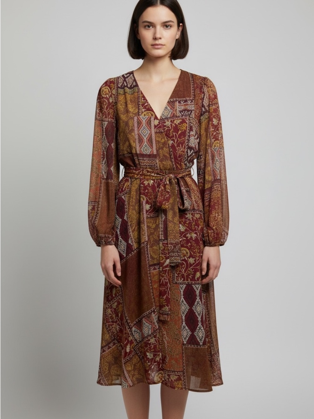 Leslie Fay Burgundy & Mustard Patchwork Tie-Waist Midi Dress